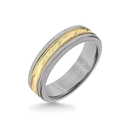 6MM Grey Tungsten Carbide Ring - Herringbone 14K Yellow Gold Insert with Round Edge