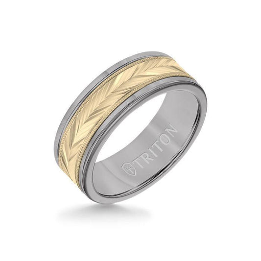 8MM Grey Tungsten Carbide Ring - Herringbone 14K Yellow Gold Insert with Round Edge