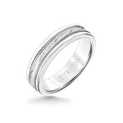 6MM White Tungsten Carbide Ring - Herringbone 14K White Gold Insert with Round Edge