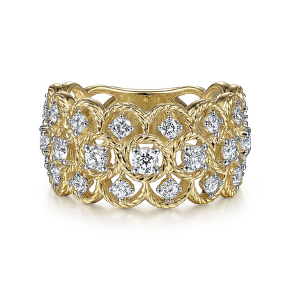 Gabriel & Co | Wide 14K Yellow Gold Twisted Rope Diamond Wide Band Ring