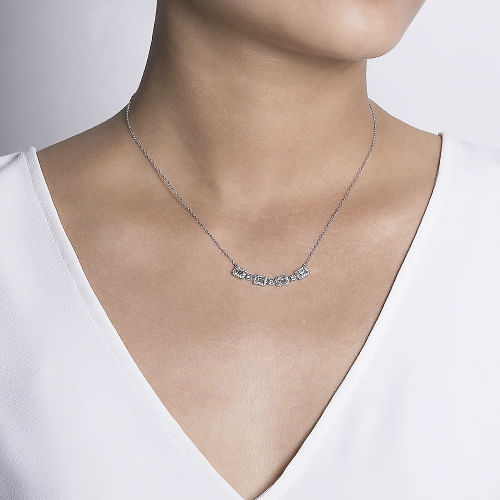 Gabriel & Co | 14K White Gold Rectangular Baguette and Diamond Halo Station Necklace