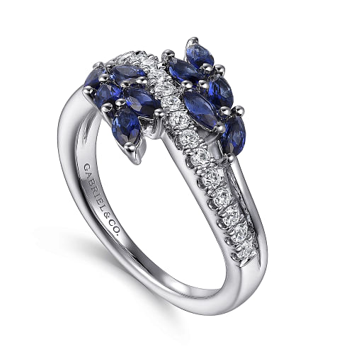 Gabriel & Co | 14K White Gold Diamond and Blue Sapphire Marquise Floral Ring