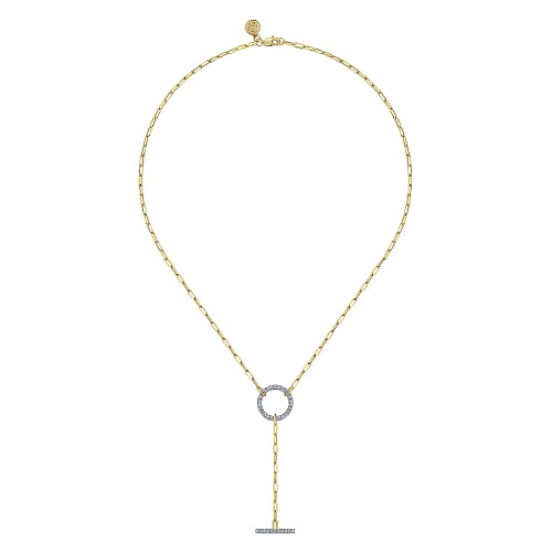 Gabriel & Co | 14K Yellow Gold Diamond Circle and Bar Y-Knot Necklace with Hollow Paperclip Chain