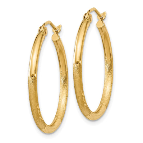 14k Satin and Diamond-cut 2mm Round Tube Hoop Earrings