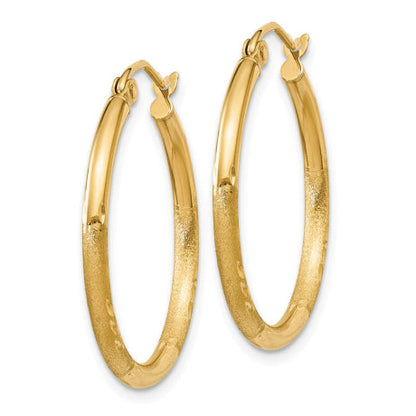 14k Satin and Diamond-cut 2mm Round Tube Hoop Earrings