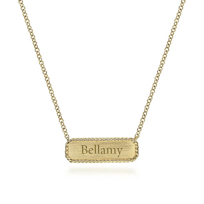 Gabriel & Co | 14K Yellow Gold Rectangular ID Pendant Necklace with Twisted Rope Frame