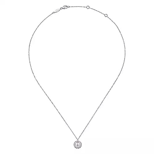 Gabriel & Co | 14K White Gold Cultured Pearl and Diamond Halo Pendant Necklace