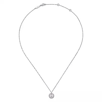 Gabriel & Co | 14K White Gold Cultured Pearl and Diamond Halo Pendant Necklace