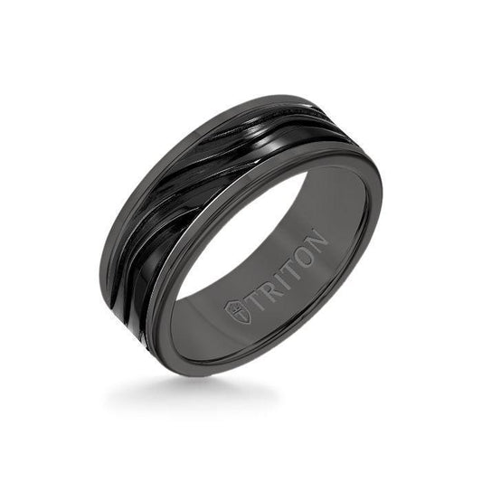 8MM Black Tungsten Carbide Ring - Wave Black Titanium Insert with Round Edge