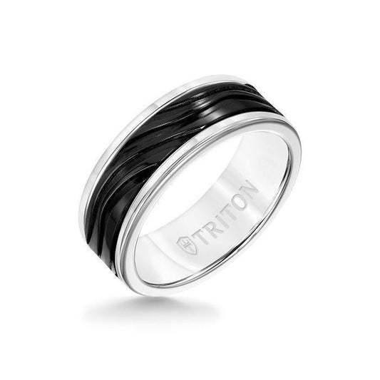 8MM White Tungsten Carbide Ring - Wave Black Titanium Insert with Round Edge