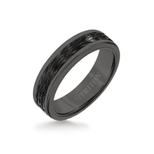 6MM Black Tungsten Carbide Ring - Tire Tread Black Titanium Insert with Round Edge