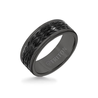 8MM Black Tungsten Carbide Ring - Tire Tread Black Titanium Insert with Round Edge