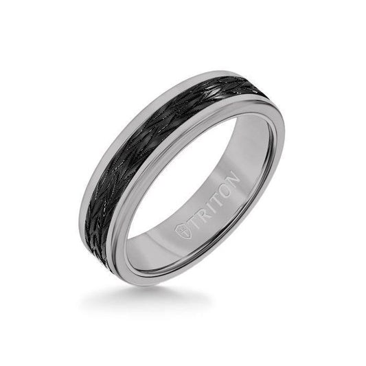 6MM Grey Tungsten Carbide Ring - Tire Tread Black Titanium Insert with Round Edge