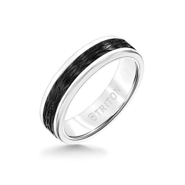 6MM White Tungsten Carbide Ring - Tire Tread Black Titanium Insert with Round Edge