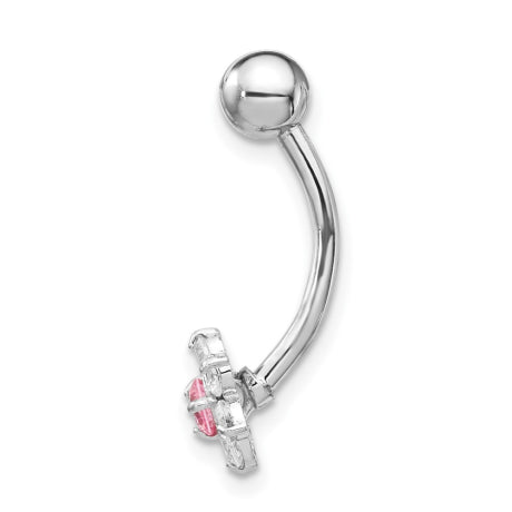 10k White Gold W/Cz Flower Pink Center Belly Dangle