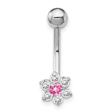 10k White Gold W/Cz Flower Pink Center Belly Dangle