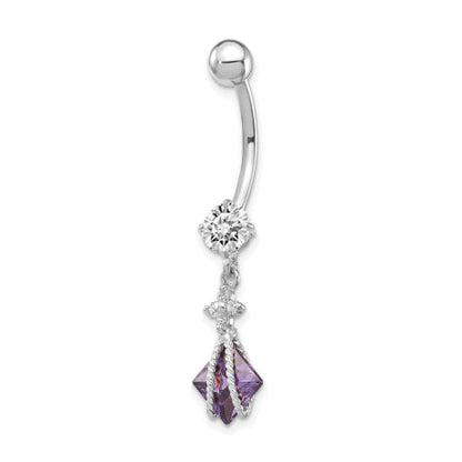 10k White Gold Square Amethyst CZ Belly Dangle