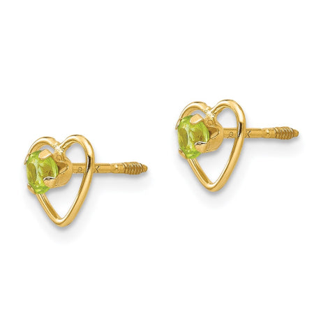 14k Madi K 3mm Peridot Birthstone Heart Earrings