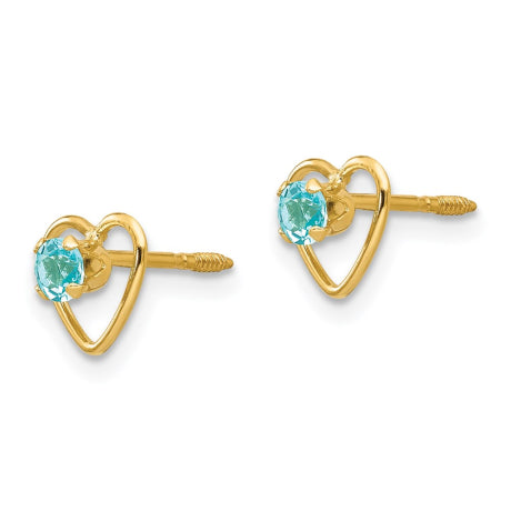 14k Madi K 3mm Blue Zircon Birthstone Heart Earrings