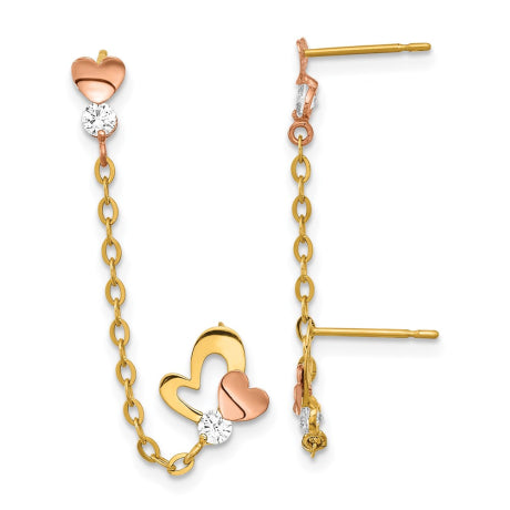 14k Madi K Two-tone CZ Double Post w/Chain Heart Earring