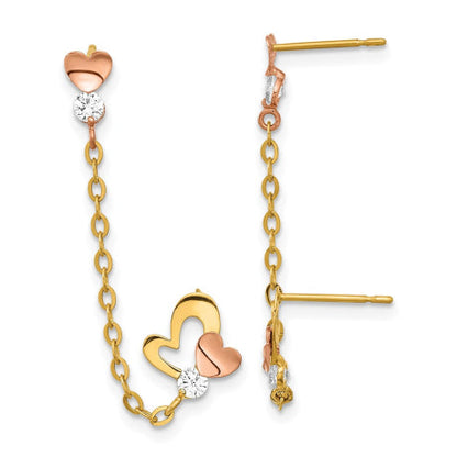 14k Madi K Two-tone CZ Double Post w/Chain Heart Earring