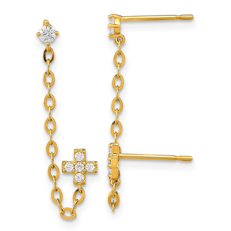 14k Madi K Double Post w/Chain CZ Cross Earring (single)