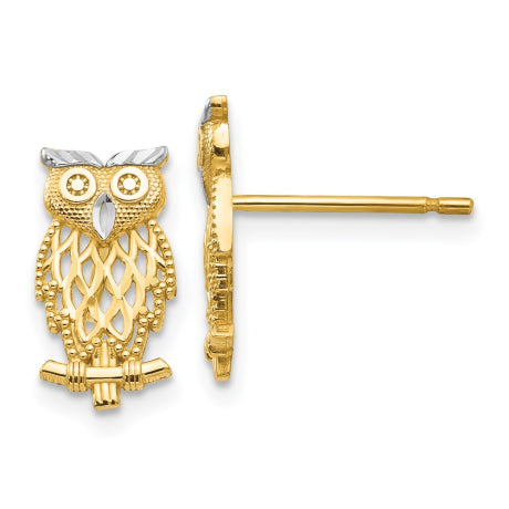 14k w/Rhodium Polished Cut-out Owl Post Earrings