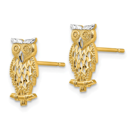 14k w/Rhodium Polished Cut-out Owl Post Earrings