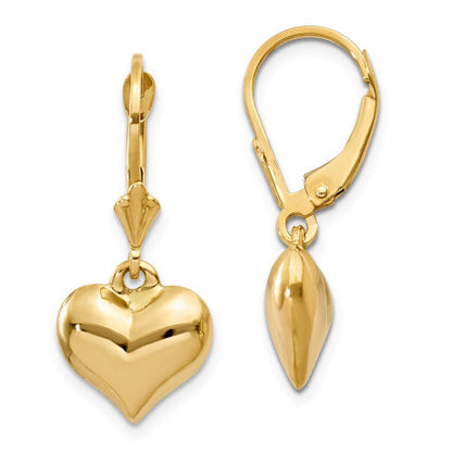 14k Puff Heart Leverback Earrings