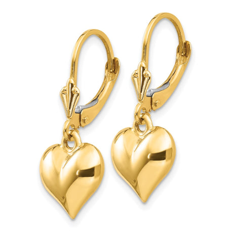 14k Puff Heart Leverback Earrings