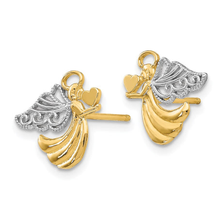 14K w/Rhodium Angel With Heart Post Earrings