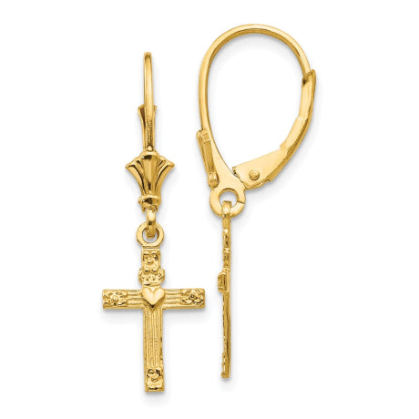 14K Mini Cross with Heart Leverback Earrings