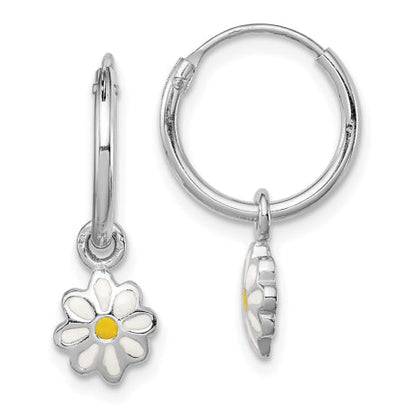 Sterling Silver RH Plated Child's Enameled Daisy Hinged Hoop Earrings