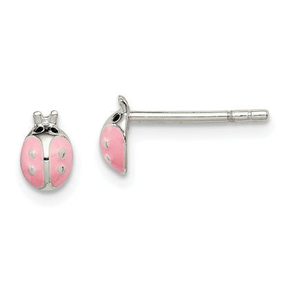 Sterling Silver Pink Enamel Kid's Ladybug Post Earrings