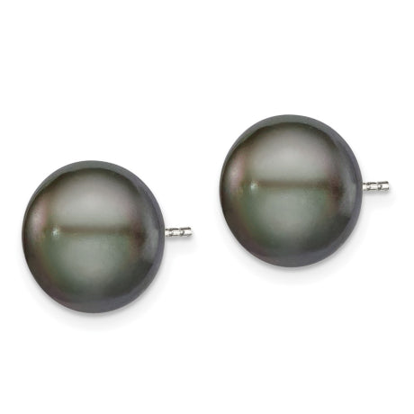 Sterling Silver Rh-plated 11-12mm Black FWC Button Pearl Earrings