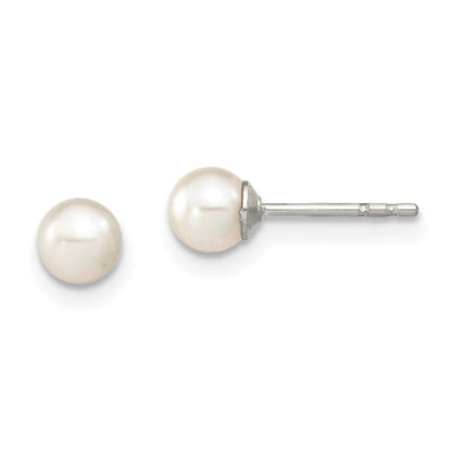 Sterling Silver Rhodium Plated 4-5mm White Round Freshwater Cultured Pearl Post Stud Earrings