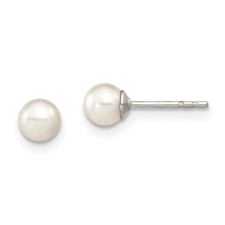 Sterling Silver Rhodium Plated 4-5mm White Round Freshwater Cultured Pearl Post Stud Earrings