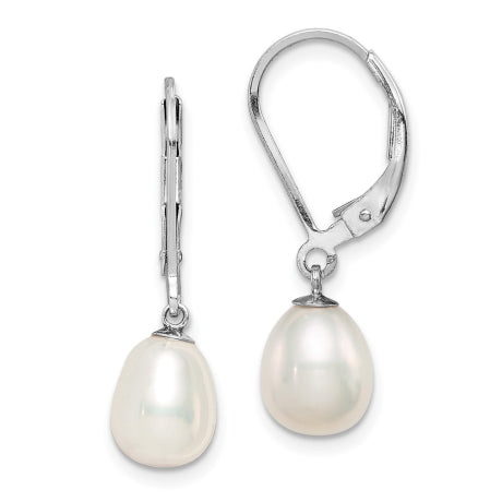 Sterling Silver Rhodium Plated 7-8mm White Freshwater Cultured Pearl Dangle Leverback Earrings