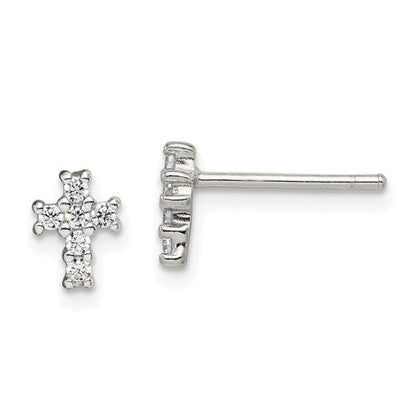 Sterling Silver Polished CZ Cross Post Earrings