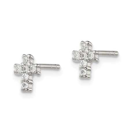 Sterling Silver Polished CZ Cross Post Earrings