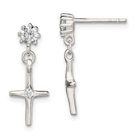 Sterling Silver CZ Cross Dangle Post Earrings