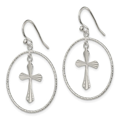 Sterling Silver Polished Diamond-cut Cross Dangle in Ring Earrings