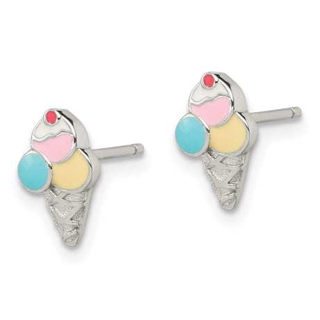 Sterling Silver Rhodium-plated Post Enameled Ice Cream Cone Earrings