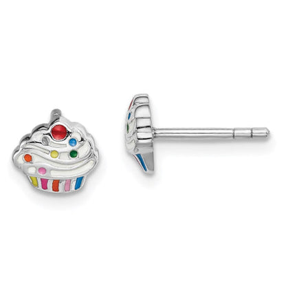 Sterling Silver Rhodium-plated Childs Enameled Cupcake Post Earrings