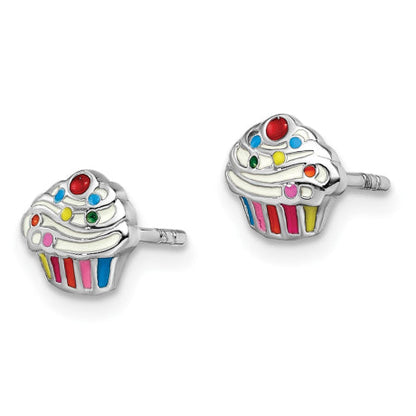 Sterling Silver Rhodium-plated Childs Enameled Cupcake Post Earrings