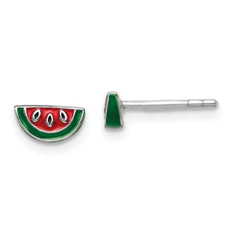 Sterling Silver Rhodium-plated Childs Enameled Watermelon Post Earrings