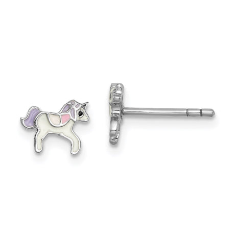 Sterling Silver Rhodium-plated Childs Enameled Unicorn Post Earrings