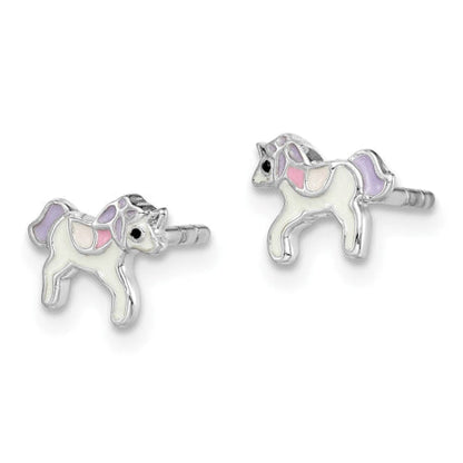 Sterling Silver Rhodium-plated Childs Enameled Unicorn Post Earrings