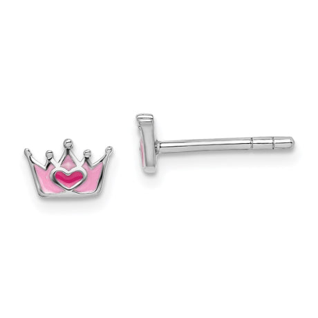 Sterling Silver Rhodium-plated Childs Enameled Pink Crown Post Earrings