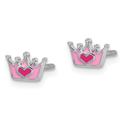 Sterling Silver Rhodium-plated Childs Enameled Pink Crown Post Earrings